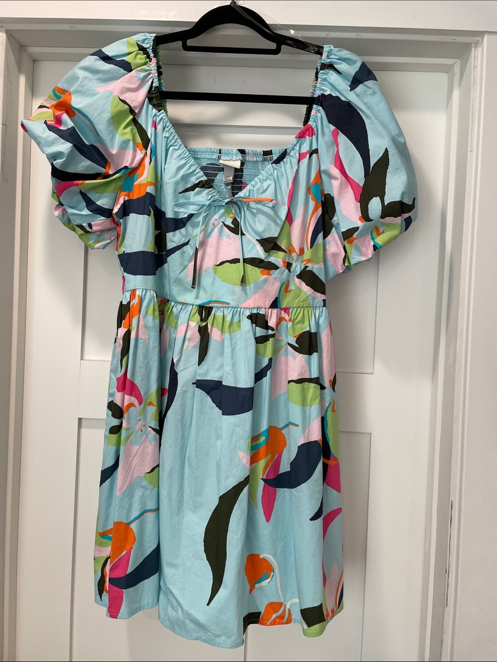NWT Women’s Puff-Sleeve Cotton Dress in Light Blue Floral - A New Day, Large